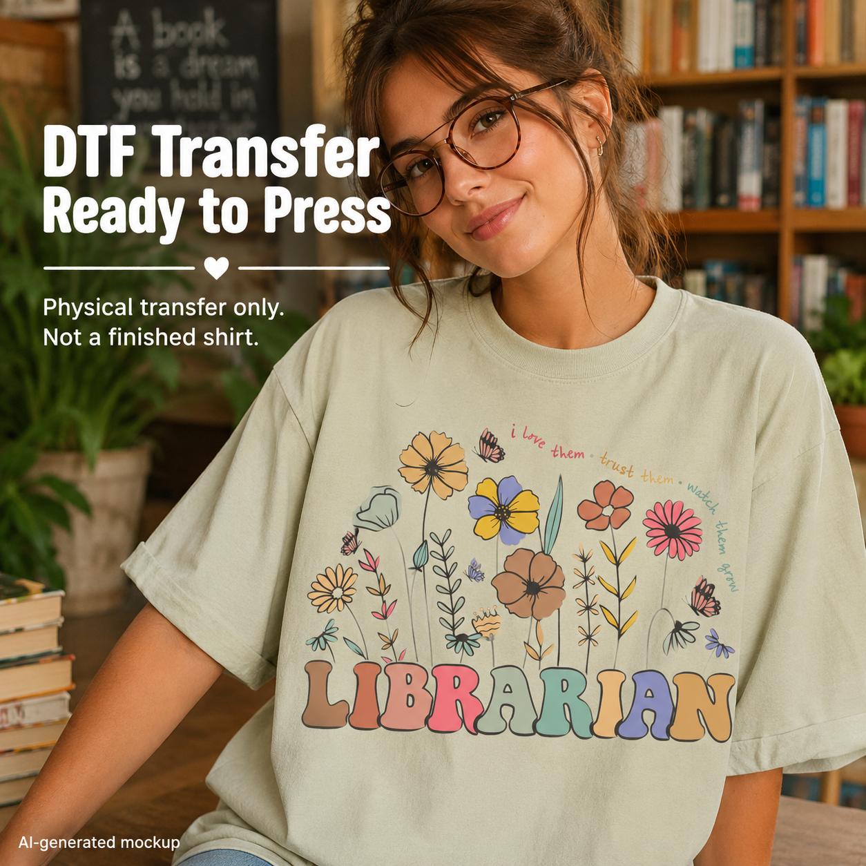 Floral Librarian DTF transfer mockup with colorful flowers and retro lettering