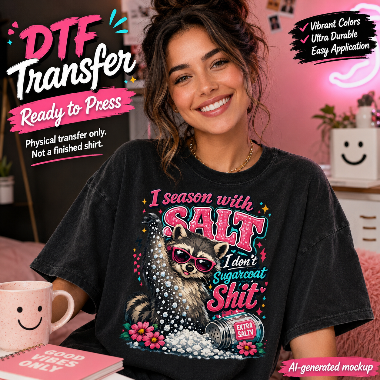 A woman wearing a black graphic t-shirt with a funny sloth design and the text 'I season with SALT I don't sugarcoat shit'. The image is a promotional mockup for a DTF (Direct to Film) transfer, showing text overlays highlighting product features like 'Vibrant Colors', 'Ready to Press', and 'AI-generated mockup'.