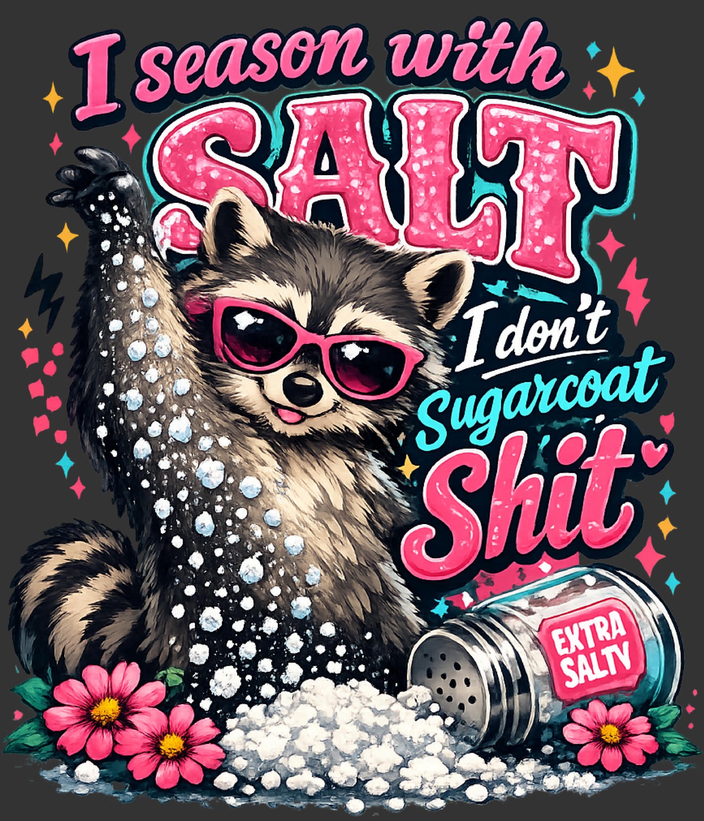 A colorful graphic print featuring a raccoon wearing pink sunglasses, surrounded by spilled white salt, pink flowers, and a tipped-out extra salt shaker. Large text reads 'I season with SALT I don't Sugarcoat Shit' on a dark background.