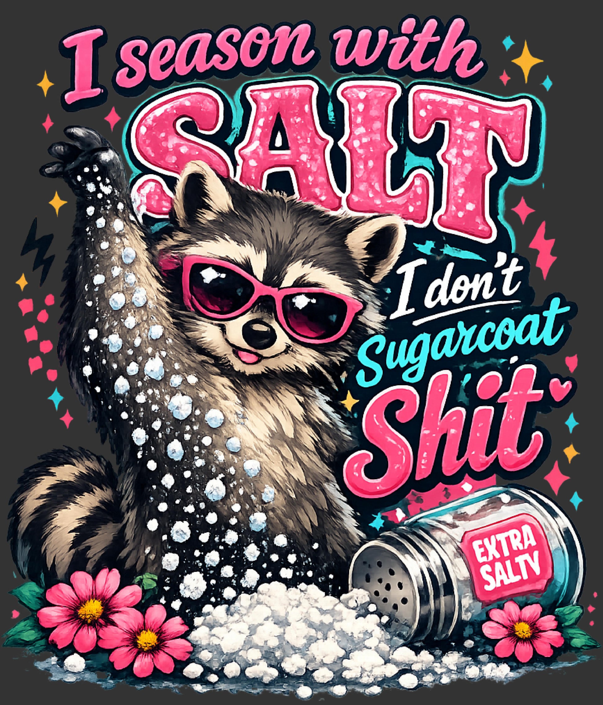 A colorful graphic print featuring a raccoon wearing pink sunglasses, surrounded by spilled white salt, pink flowers, and a tipped-out extra salt shaker. Large text reads 'I season with SALT I don't Sugarcoat Shit' on a dark background.