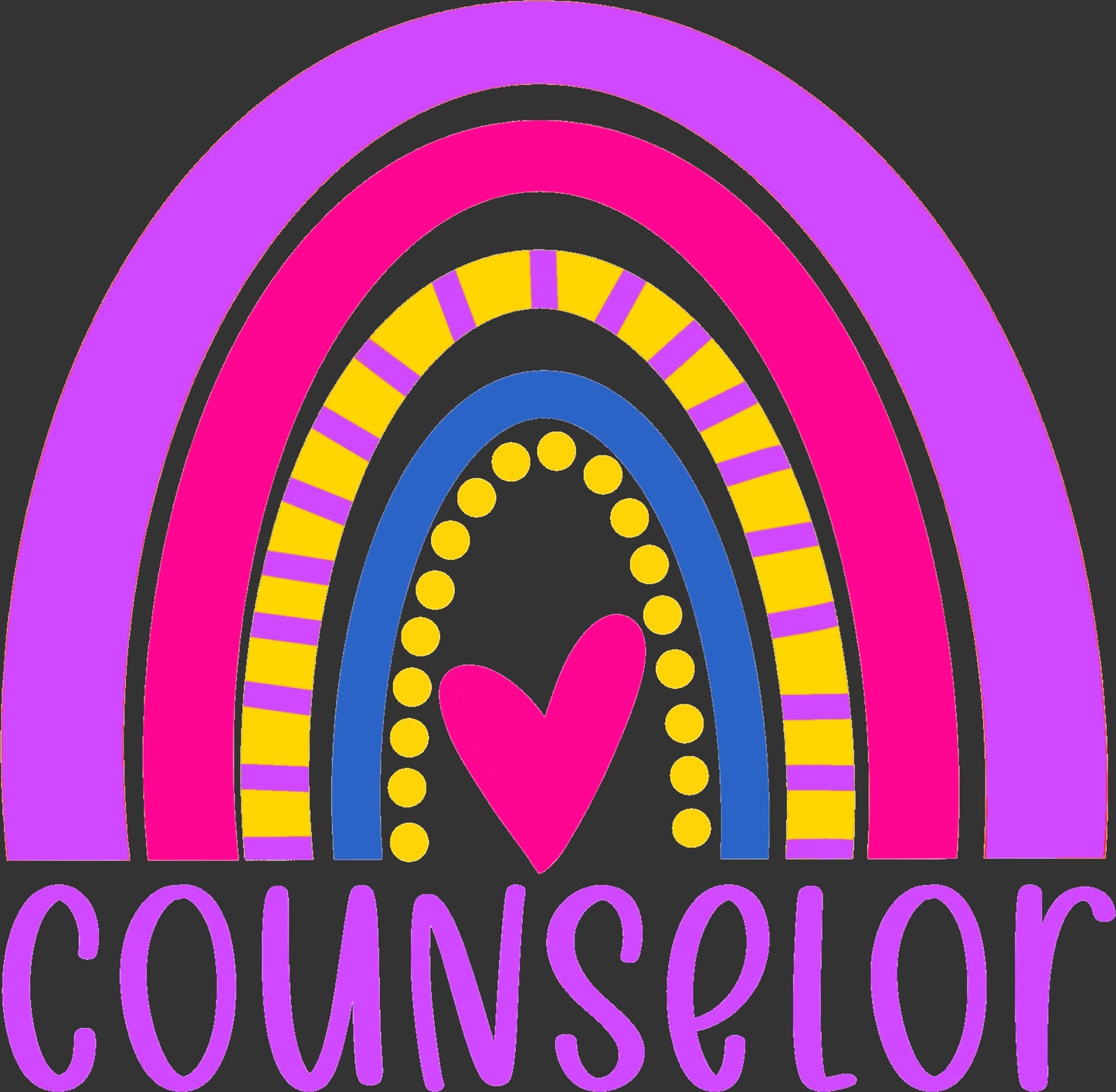 A colorful graphic design featuring a stylized rainbow with a pink heart in the center and the word 'COUNSELOR' in purple text below, set on a dark gray background.