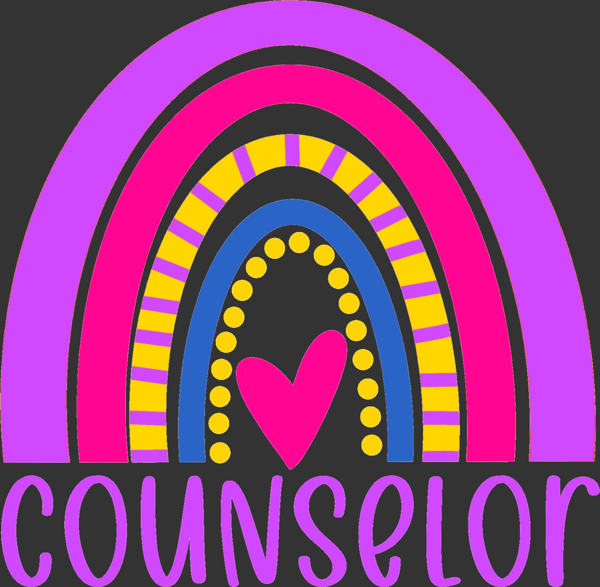 A colorful graphic design featuring a stylized rainbow with a pink heart in the center and the word 'COUNSELOR' in purple text below, set on a dark gray background.