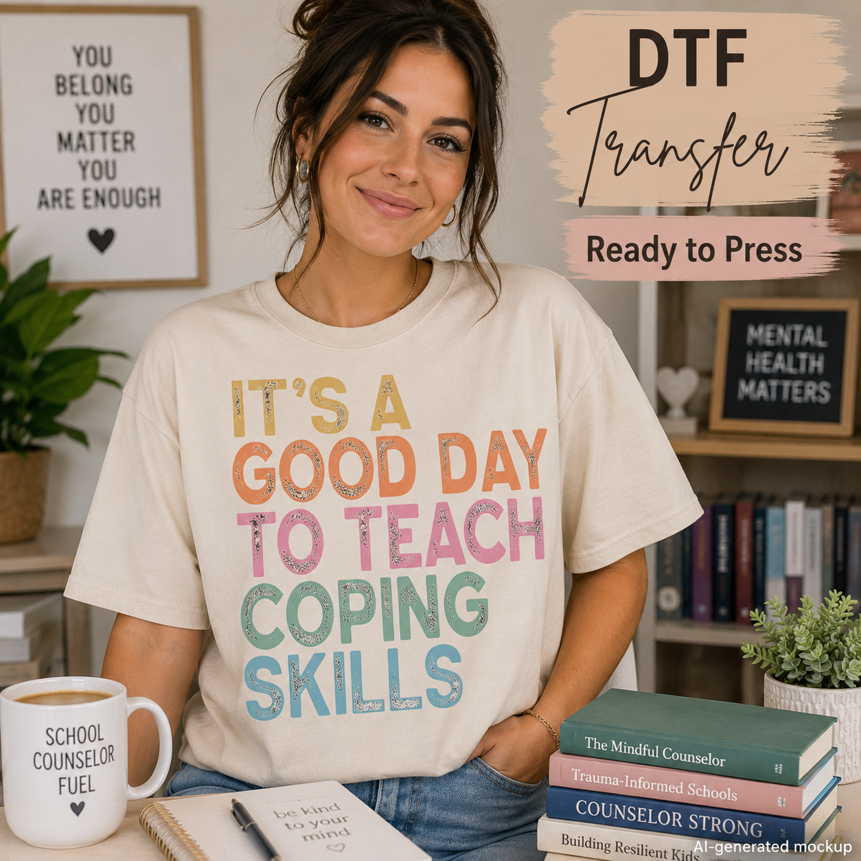 A woman wearing a cream-colored t-shirt with a colorful 'DTF Transfer' graphic that reads 'IT'S A GOOD DAY TO TEACH COPING SKILLS'. She is sitting in a cozy room with a bookshelf, a coffee mug, and a stack of books, with a 'DTF Transfer Ready to Press' badge in the top right corner.