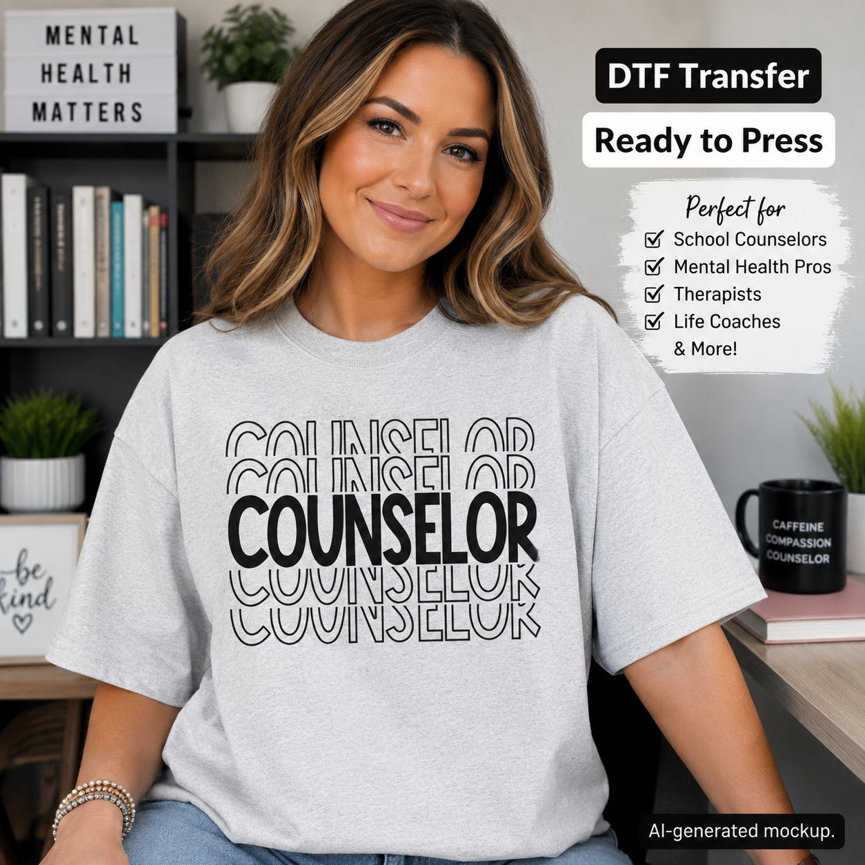 A woman wearing a light gray graphic T-shirt with the word 'COUNSELOR' repeated in black outline and solid black block letters. The image includes promotional text overlays about DTF transfer and mockup details, with a bookshelf, plants, and desk in the background.