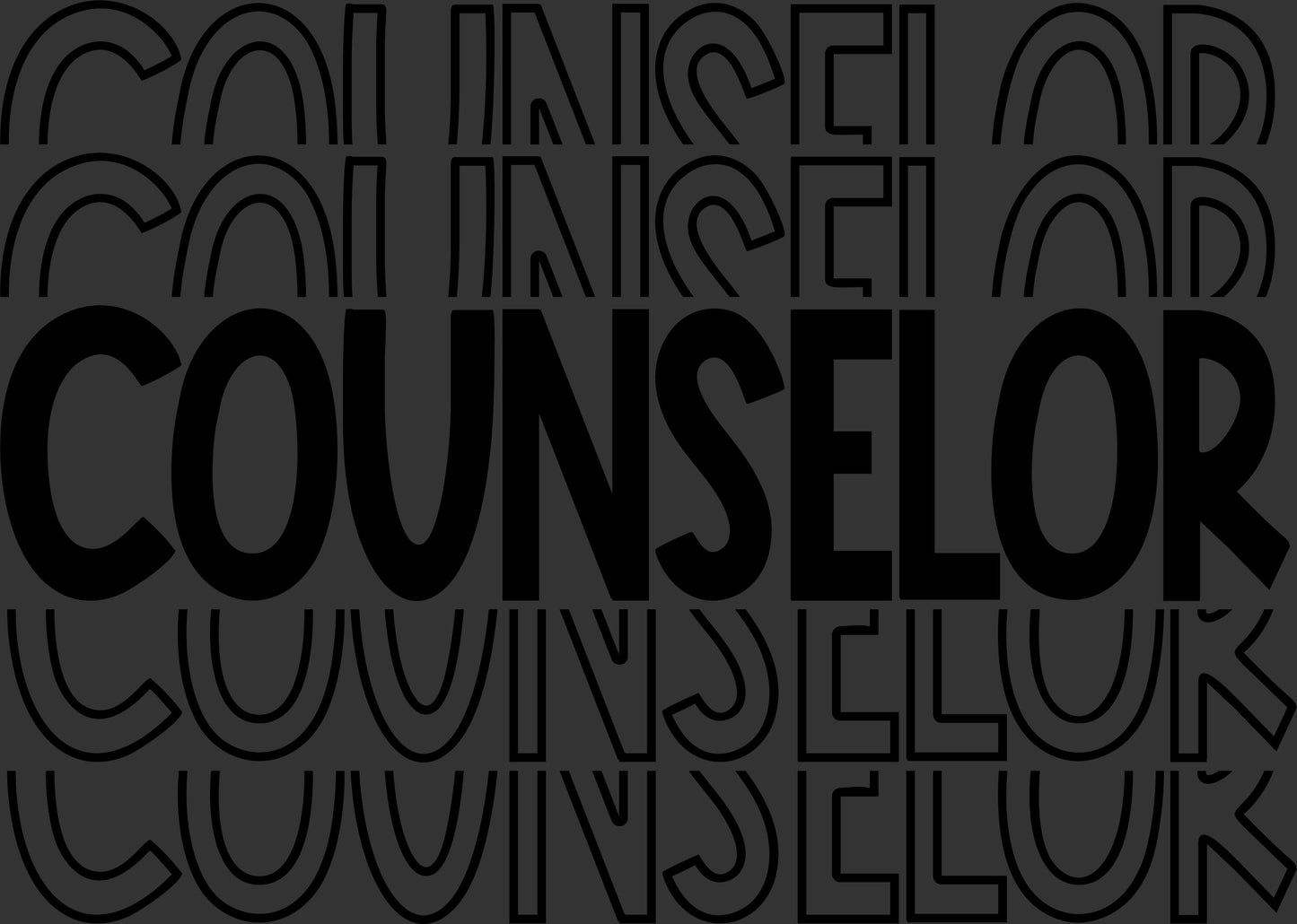 The word 'COUNSELOR' appears repeatedly in a dark gray background, with the large central word in solid black and the surrounding words in thin outlined black text.