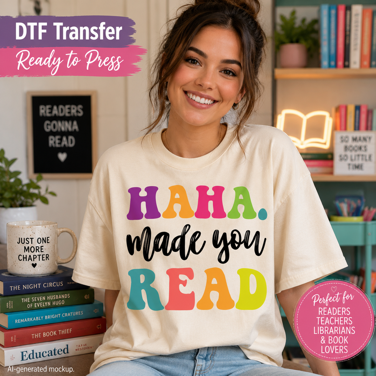 A woman wearing a cream-colored T-shirt with a colorful graphic that reads 'HAHA. made you READ' in rainbow letters and black script.