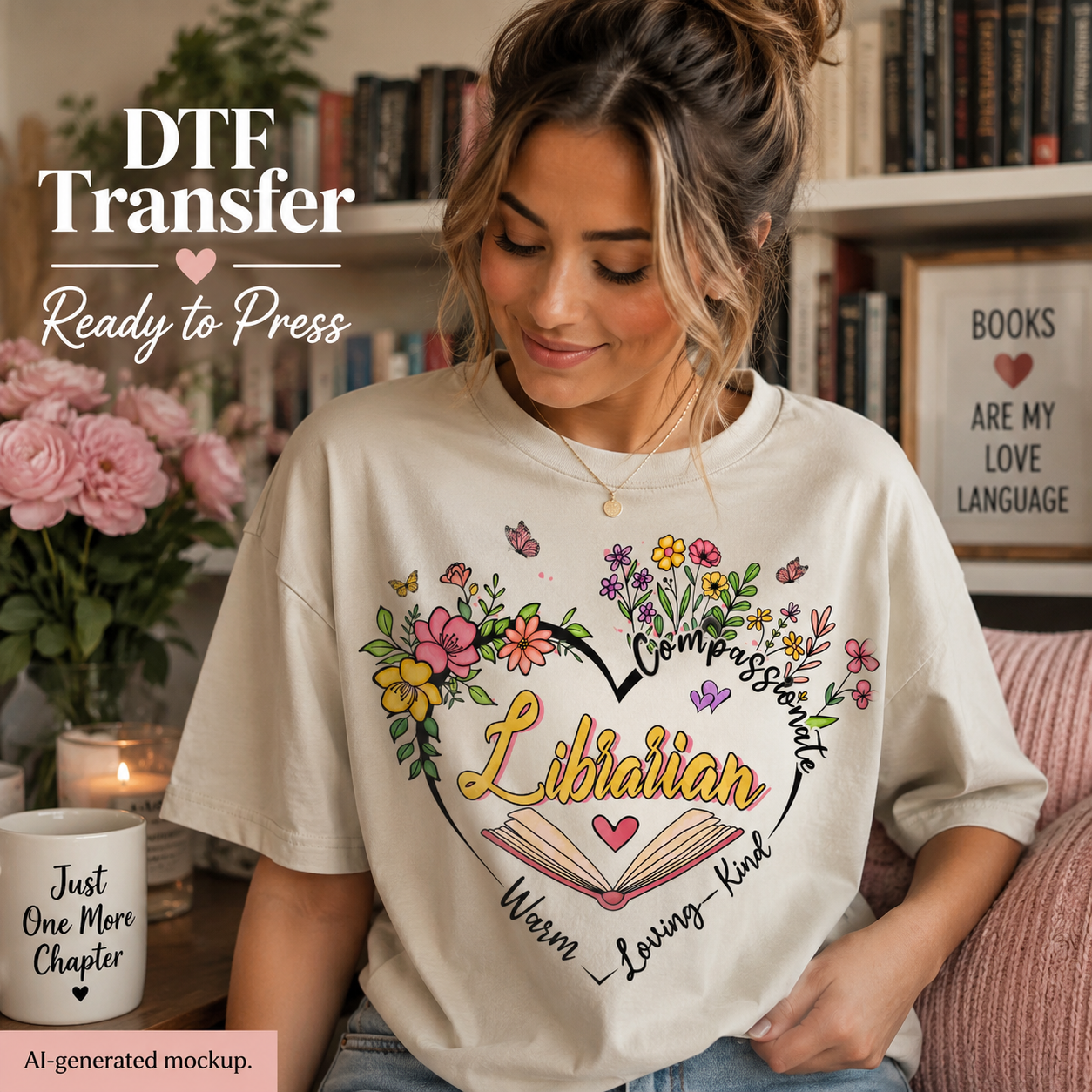 A woman wearing a cream-colored graphic t-shirt with a colorful heart and floral design that reads 'Librarian Complicated Worn Loving'. The image is a mockup with 'DTF Transfer Ready to Press' text overlay on the top left, set in a cozy room with bookshelves and a pink chair.