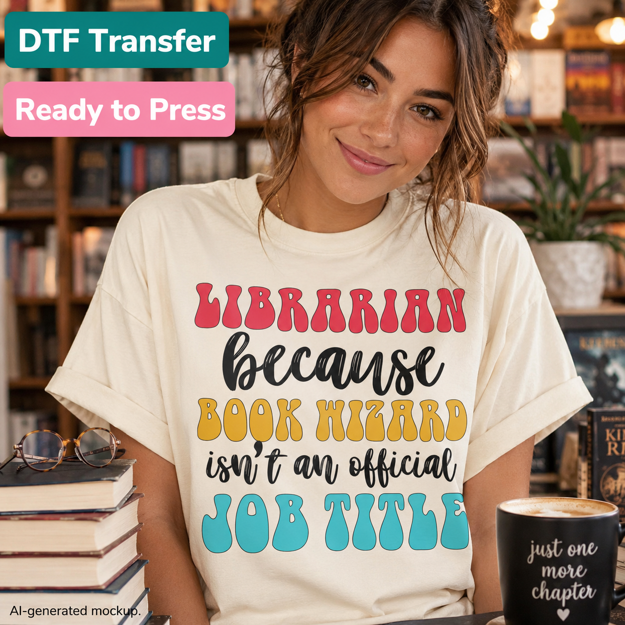 A woman wearing a cream-colored graphic t-shirt with the text 'LIBRARIAN because BOOK WIZARD isn't an official JOB TITLE' in red, black, yellow, and blue lettering. She is sitting in a cozy book-filled room with a stack of books, glasses, and a coffee mug.