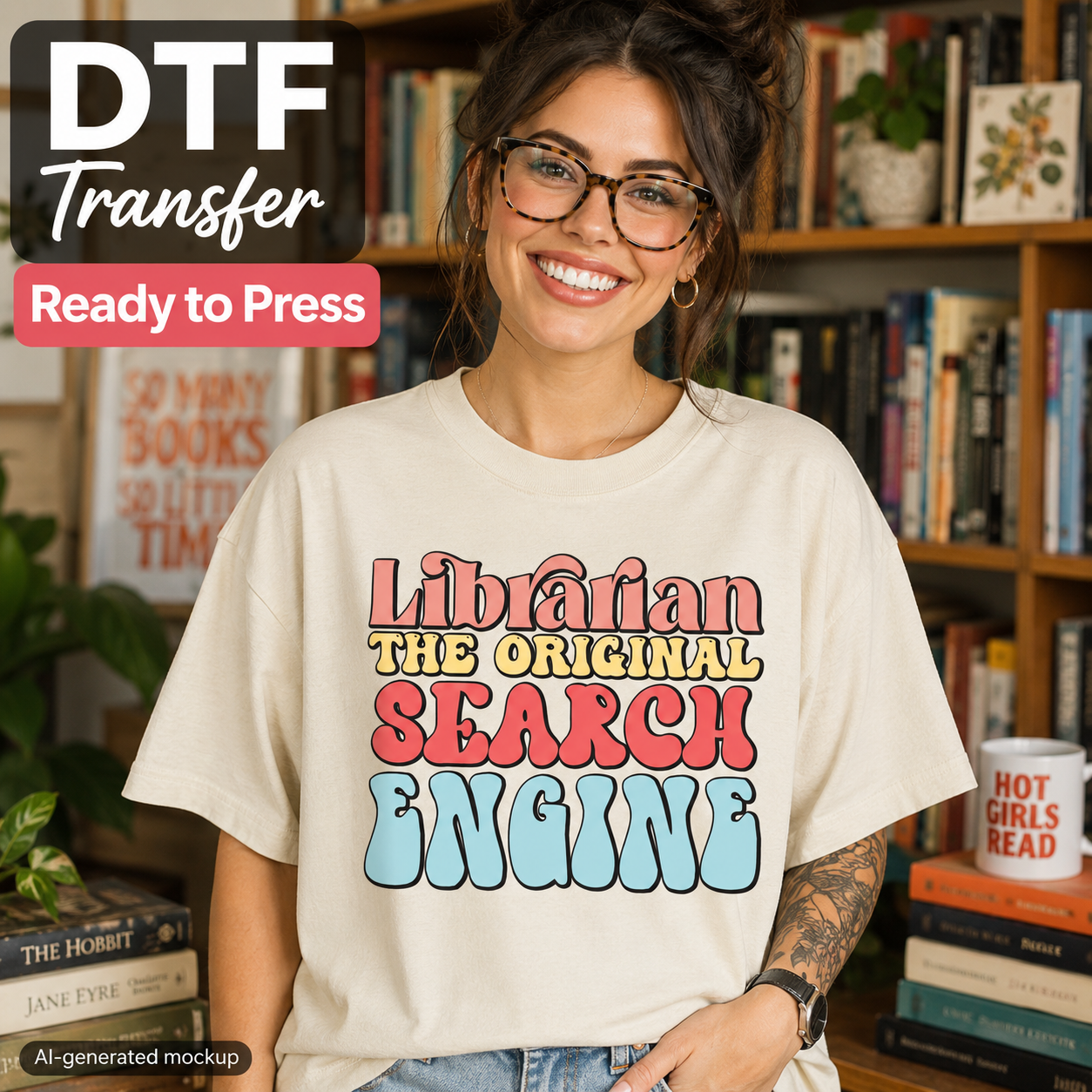 A woman wearing glasses and a cream-colored t-shirt with a colorful graphic that reads 'Librarian THE ORIGINAL SEARCH ENGINE' stands in front of a bookshelf. A black and pink badge in the top left says 'DTF Transfer Ready to Press', and a small label at the bottom left says 'AI-generated mockup'.
