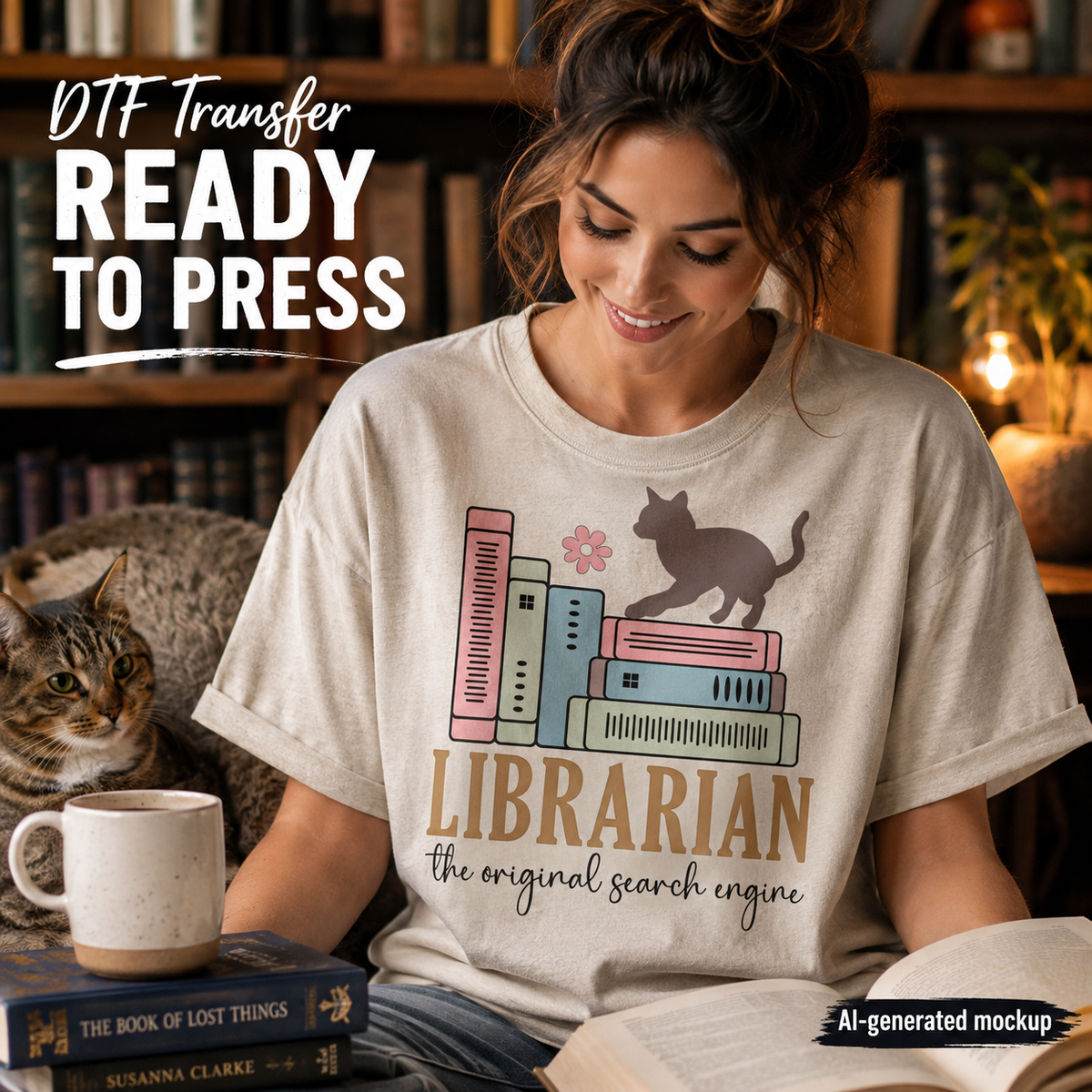 A woman in a cozy library-themed room wears a beige graphic T-shirt featuring a stack of books, a cat silhouette, and the words 'LIBRARIAN the original search engine.' A cat sits on books beside her, and large text in the upper left reads 'DTF Transfer READY TO PRESS,' with 'AI-generated mockup' in the lower right.