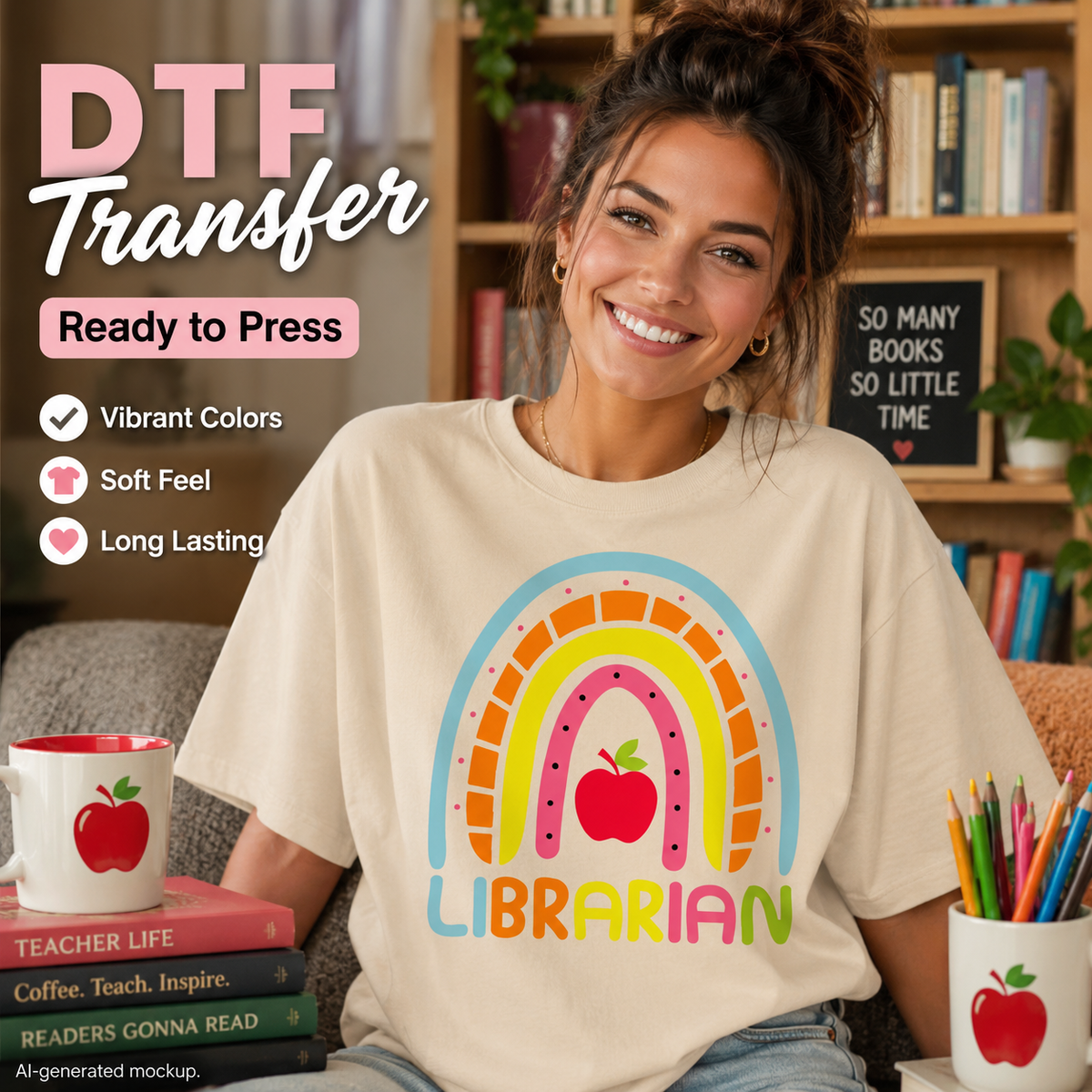 A woman sitting on a couch wearing a cream-colored t-shirt with a colorful 'LIBRARIAN' rainbow graphic. The image includes promotional text overlays for 'DTF Transfer' and features a cozy home library background with bookshelves, books, and reading cups.