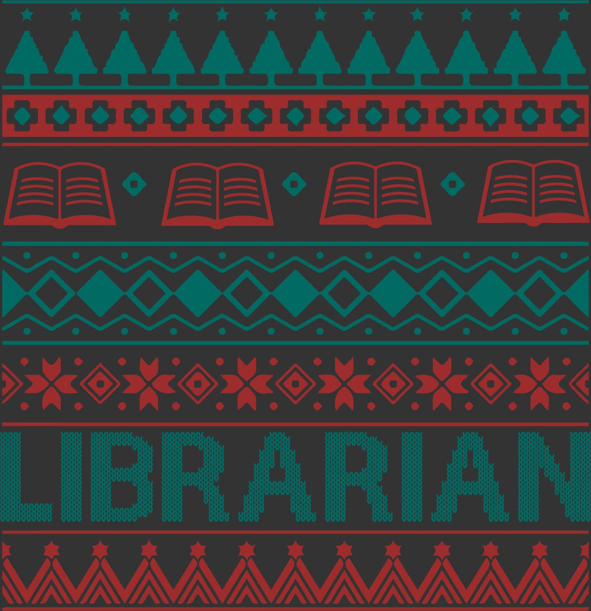 A repeating holiday-style pattern in dark teal and red, featuring Christmas trees, open books, geometric motifs, and the word "LIBRARIAN" across the center on a dark background.