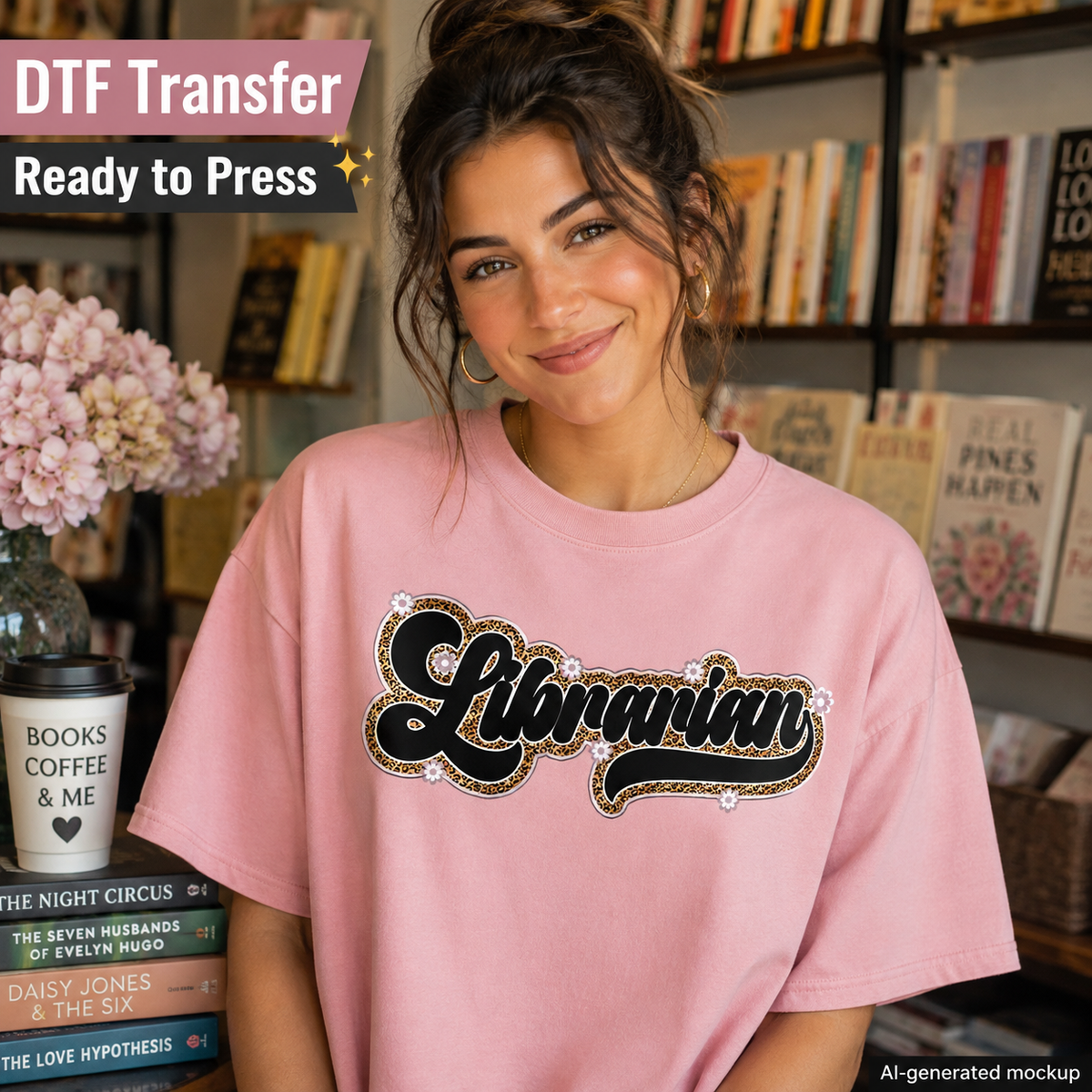 A woman wearing a pink crewneck t-shirt with a 'Librarian' graphic, set against a cozy bookshelf background. The image includes text overlays reading 'DTF Transfer Ready to Press' and 'AI-generated mockup'.