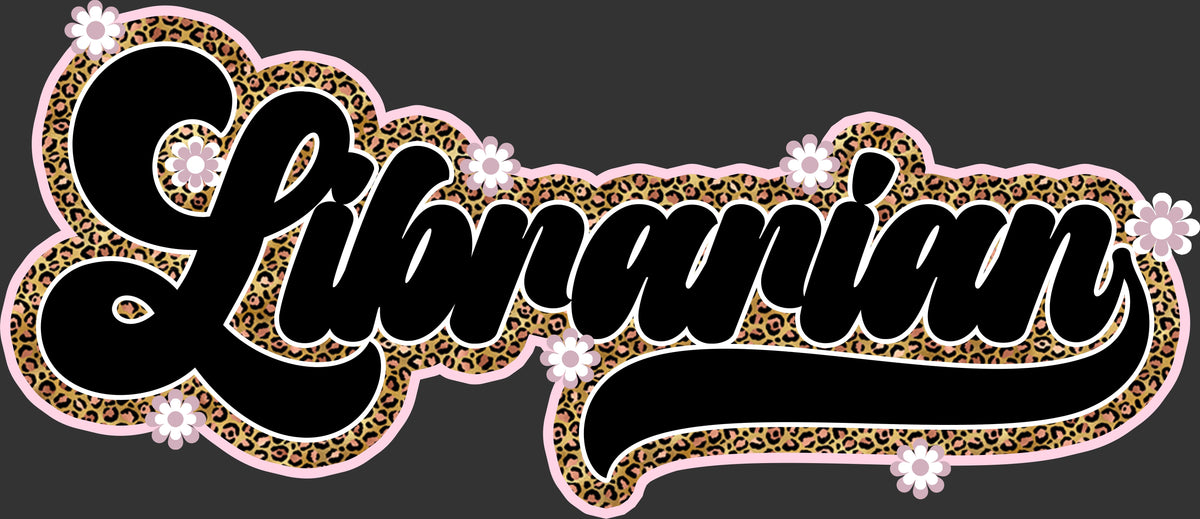 A decorative script wordmark reading 'Librarian' in black with a leopard-print border, pink outline, and small white flowers on a dark gray background.