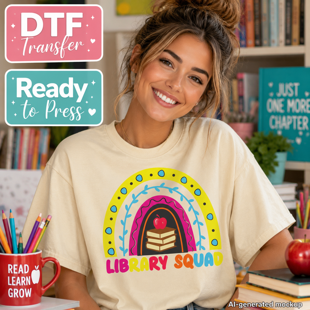 A woman in a library or classroom setting wearing a cream-colored t-shirt with a colorful graphic that reads 'LIBRARY SQUAD' under a rainbow and books. The image includes promotional badges for 'DTF Transfer' and 'Ready to Press' in the top left, and a small 'AI-generated mockup' label in the bottom right.