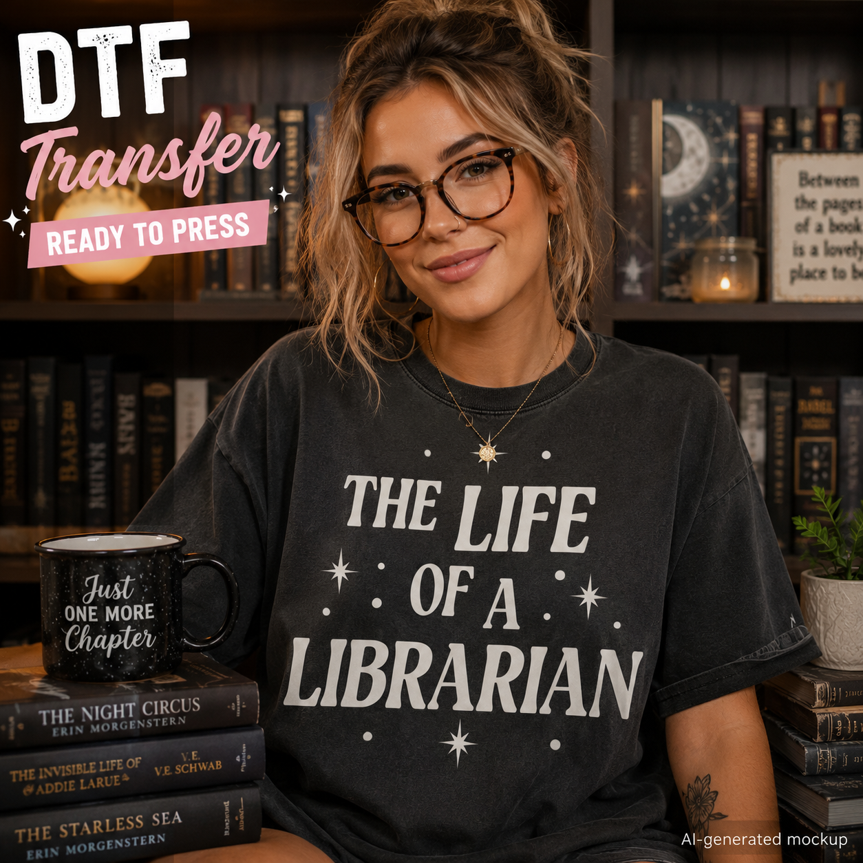 A woman wearing a black graphic t-shirt with the text 'THE LIFE OF A LIBRARIAN' in white, posed in a cozy library setting with bookshelves and a black mug in the background. Prominent text overlays read 'DTF Transfer READY TO PRESS'.