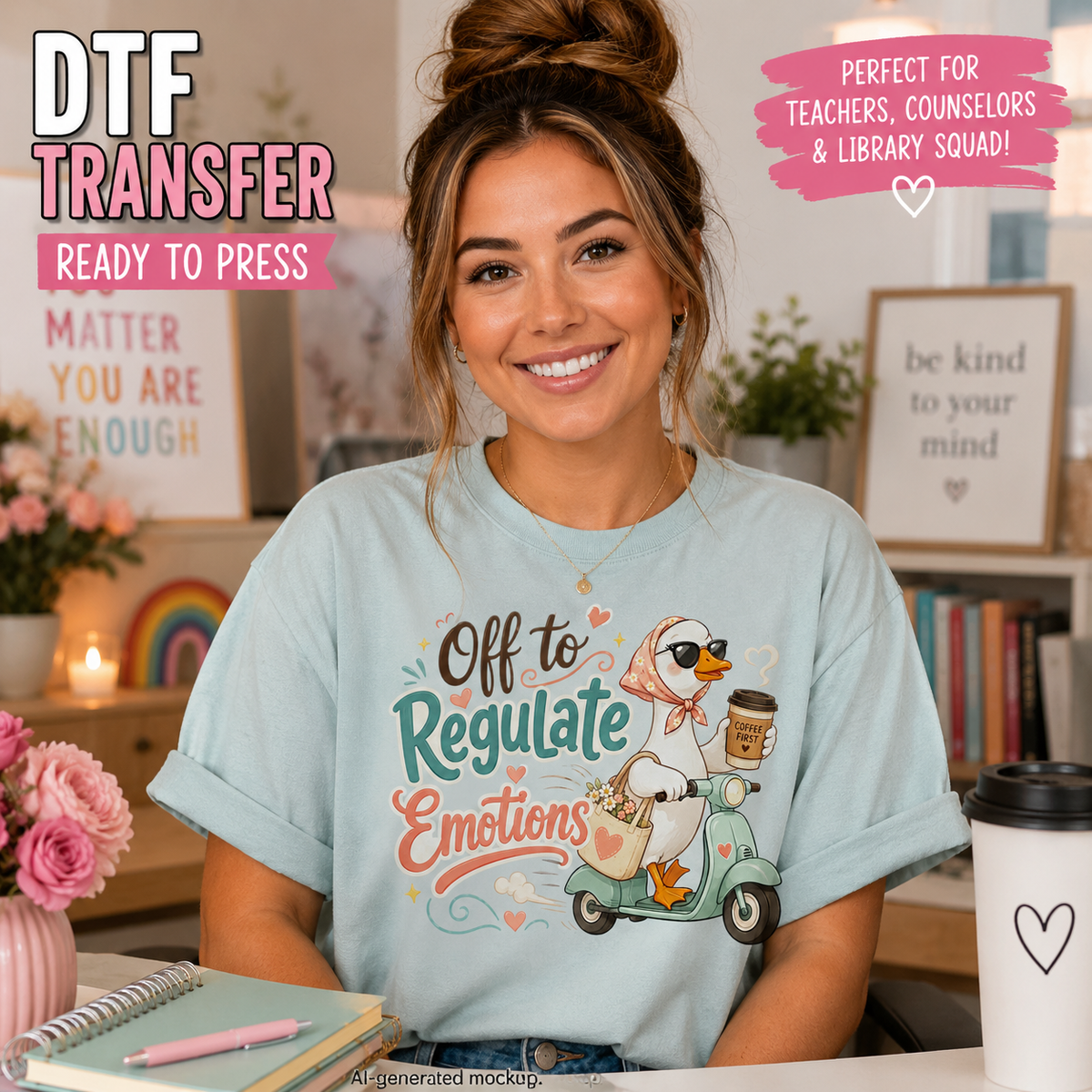 Off to Regulate Emotions DTF transfer with duck scooter coffee hearts and retro lettering