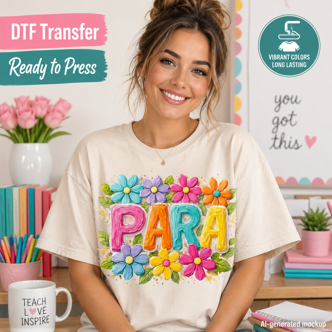 A woman wearing a cream-colored t-shirt with a colorful 'PARA' lettering design surrounded by flowers, set in a decorated room with books, flowers, and a mug.