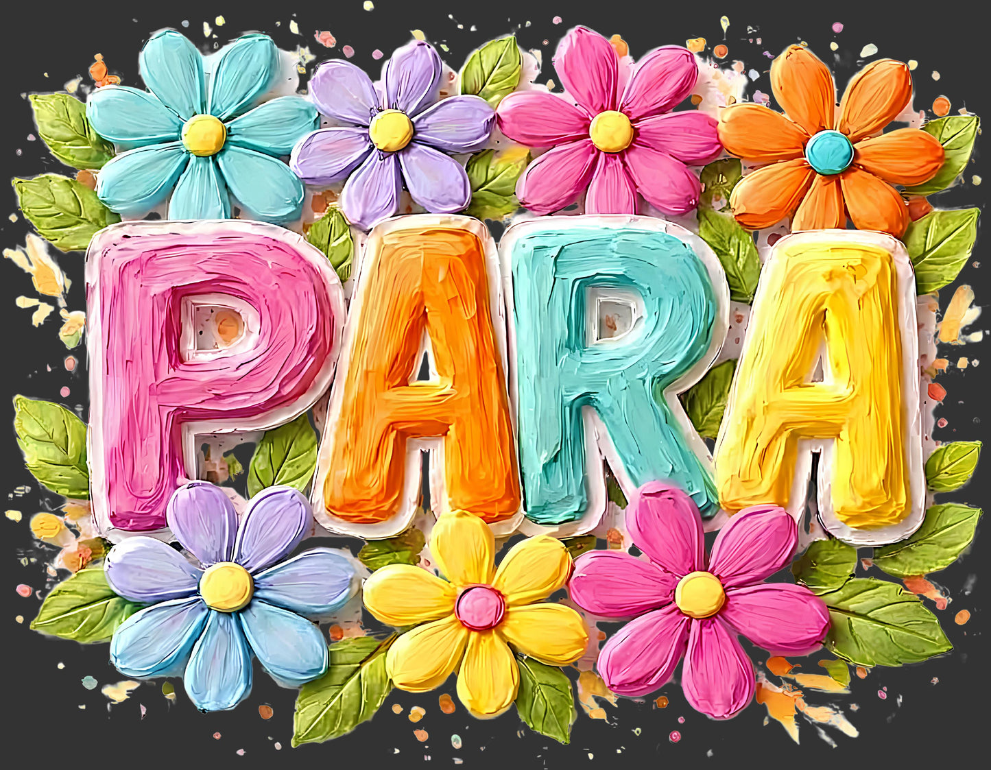 Colorful hand-painted style lettering spelling 'PARA' surrounded by bright flowers and green leaves on a dark background.