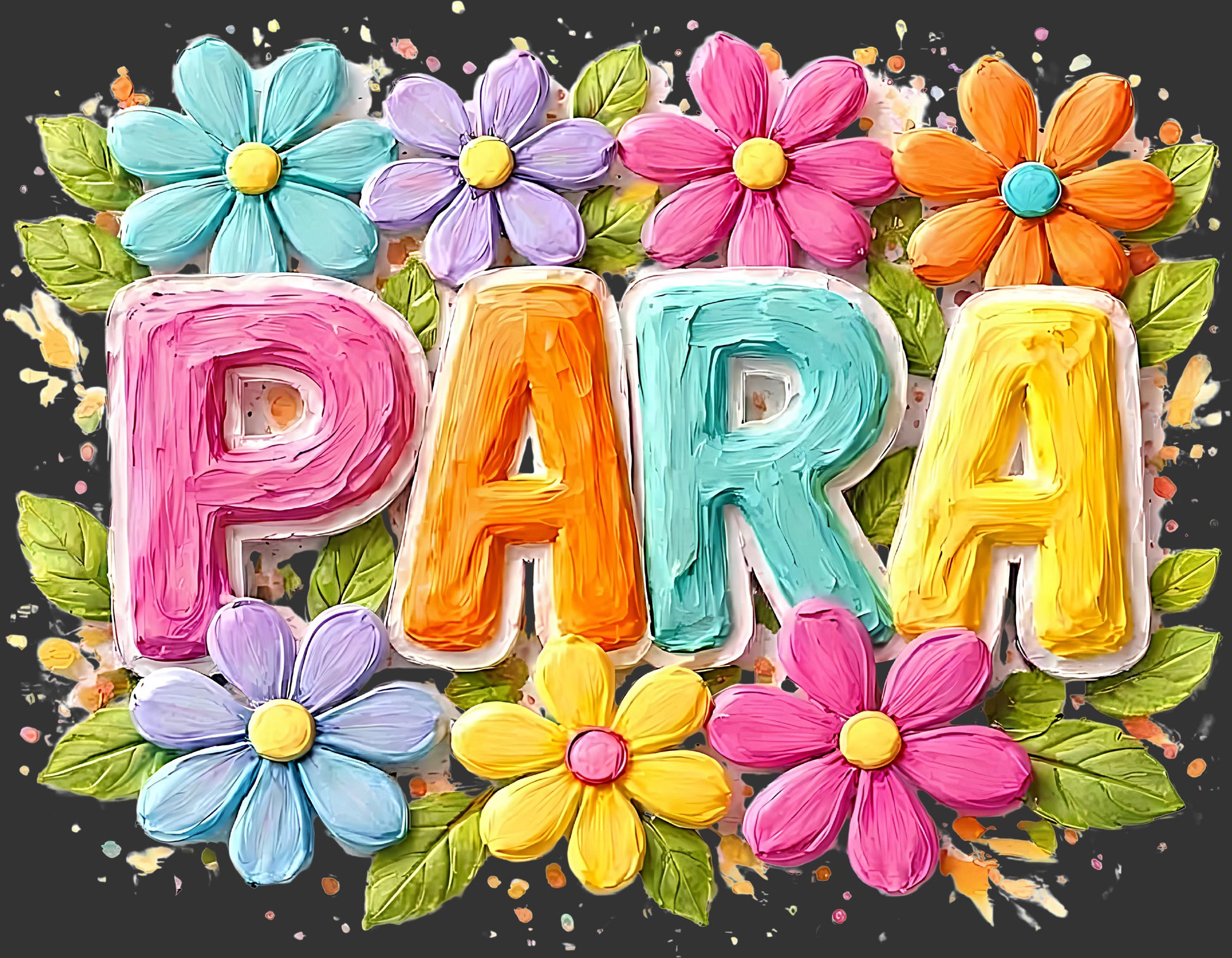 Colorful hand-painted style lettering spelling 'PARA' surrounded by bright flowers and green leaves on a dark background.