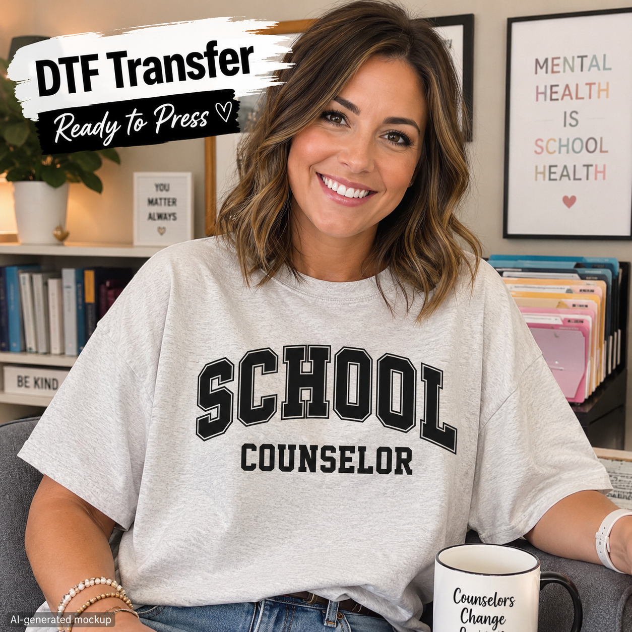 A smiling woman seated indoors wearing a light gray T-shirt with large black collegiate-style text reading 'SCHOOL COUNSELOR.' A mug with matching text sits on the table in front of her, and framed wall art and shelves are visible in the background.