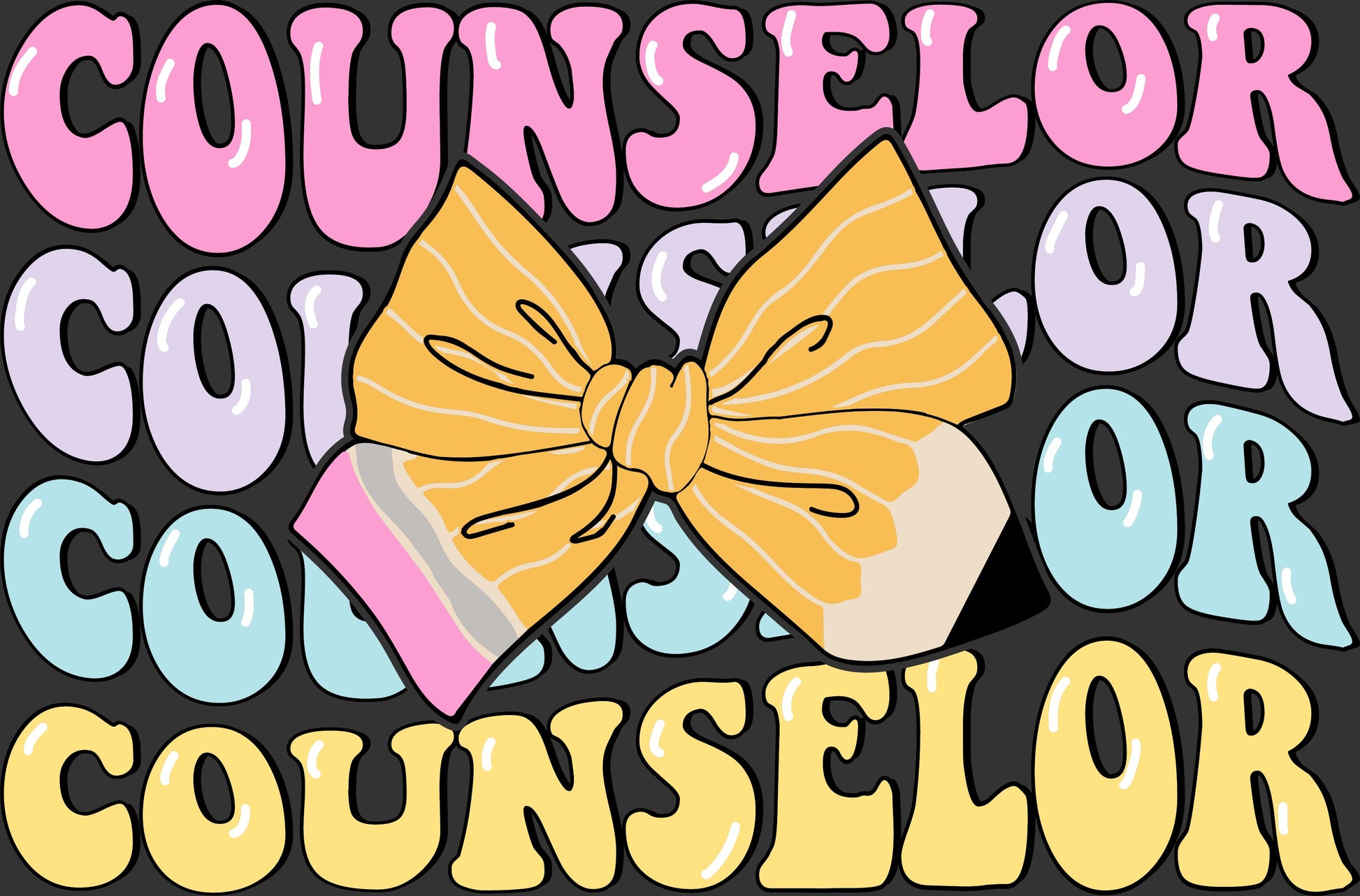 A graphic design featuring a large yellow striped bow and a pink-and-white pencil layered over stylized, bubbly text that reads 'COUNSELOR' in multiple colors on a dark background.