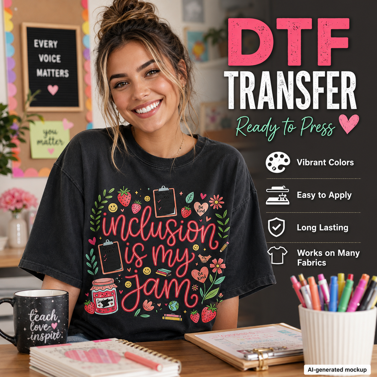 A woman wearing a black graphic T-shirt with a colorful 'inclusion is my jam' DTF transfer design, seated at a desk with art supplies and a mug in a decorated room. Large text on the right reads 'DTF TRANSFER Ready to Press' with feature icons.