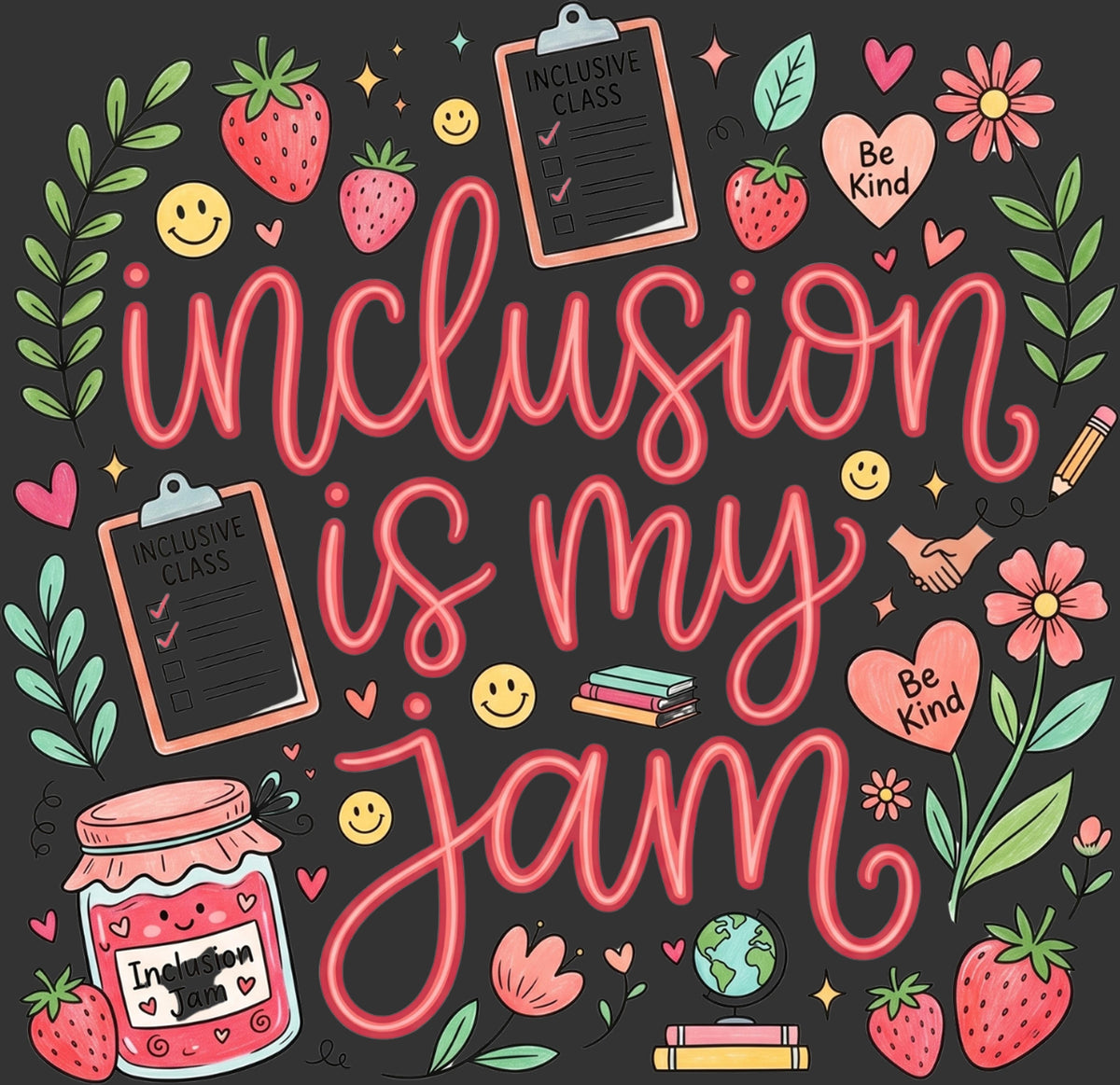 A digital graphic design featuring the phrase 'inclusion is my jam' in a pink bubblegum-style font. The design is decorated with various school-themed illustrations including strawberries, smiley faces, clipboards, flowers, and a jar of jam on a dark charcoal background.