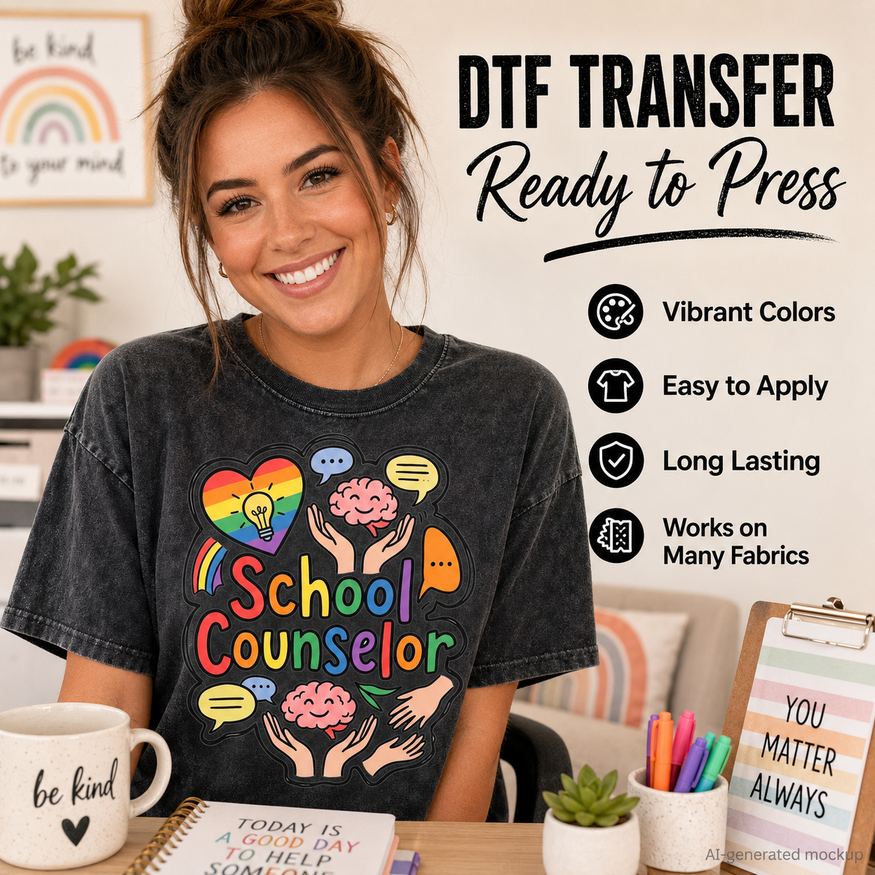 A woman wearing a dark gray graphic t-shirt with a colorful 'School Counselor' design, seated at a desk with promotional text overlays on the right.