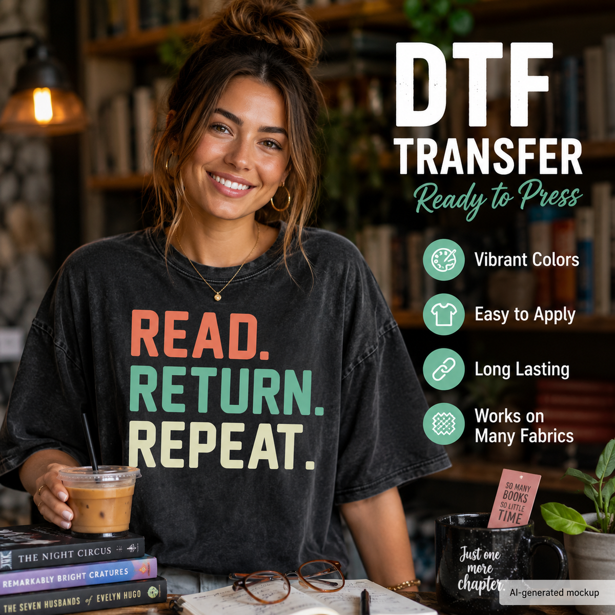 A woman wearing a charcoal gray DTF transfer t-shirt with the text 'READ. RETURN.