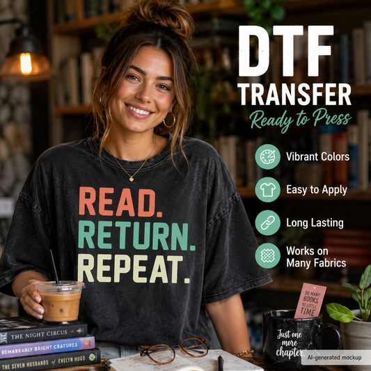 A woman wearing a charcoal gray DTF transfer t-shirt with the text 'READ. RETURN.
