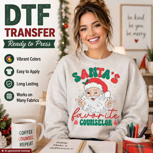 A woman wearing a light gray crewneck sweatshirt with a festive Christmas graphic that reads 'Santa's favorite Counselor' in red and green. The image is a promotional mockup for a DTF (Direct to Film) transfer, featuring text overlays on the left highlighting key selling points like 'Vibrant Colors' and 'Easy to Apply', alongside a coffee mug and holiday decorations in the background.