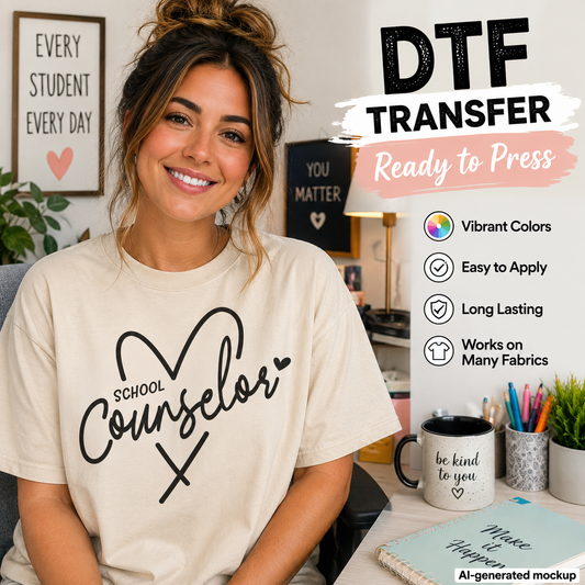 A smiling woman wearing a cream-colored t-shirt with a black 'School Counselor' graphic, set in a cozy home office environment with promotional text overlays on the right.
