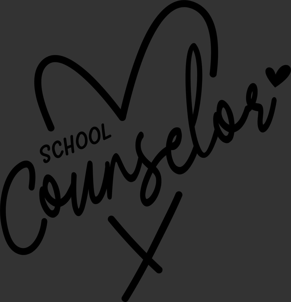 Black script text reading 'SCHOOL Counselor' with a heart outline and cross motif on a dark charcoal background.