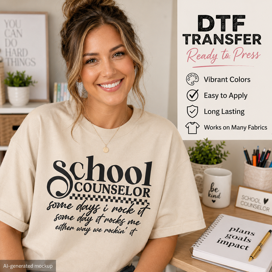 A smiling woman wearing a cream-colored t-shirt with a black 'School Counselor' graphic, set in a cozy, styled room with a desk, notebook, and a text overlay on the right detailing the features of a DTF transfer.