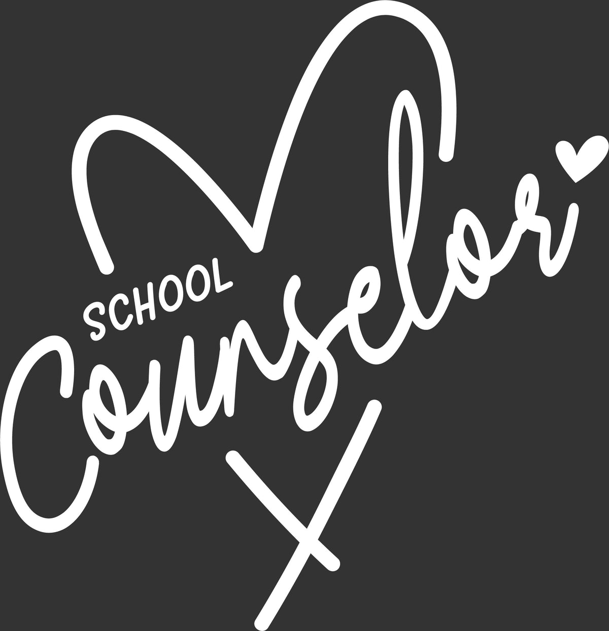White script text reading 'SCHOOL Counselor' with a heart outline and cross motif on a dark charcoal background.