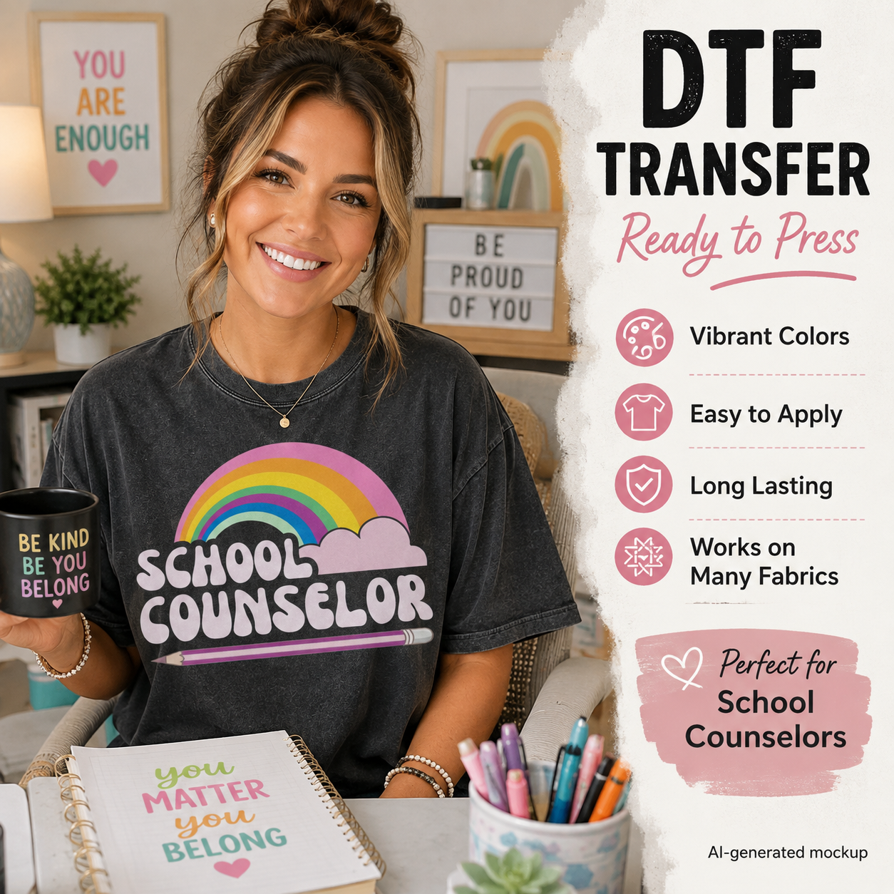 A smiling woman sits at a desk wearing a charcoal gray t-shirt with a colorful rainbow and 'SCHOOL COUNSELOR' graphic. The image features a large text overlay on the right detailing product features for 'DTF TRANSFER Ready to Press', alongside a black mug with a matching quote and a notebook.