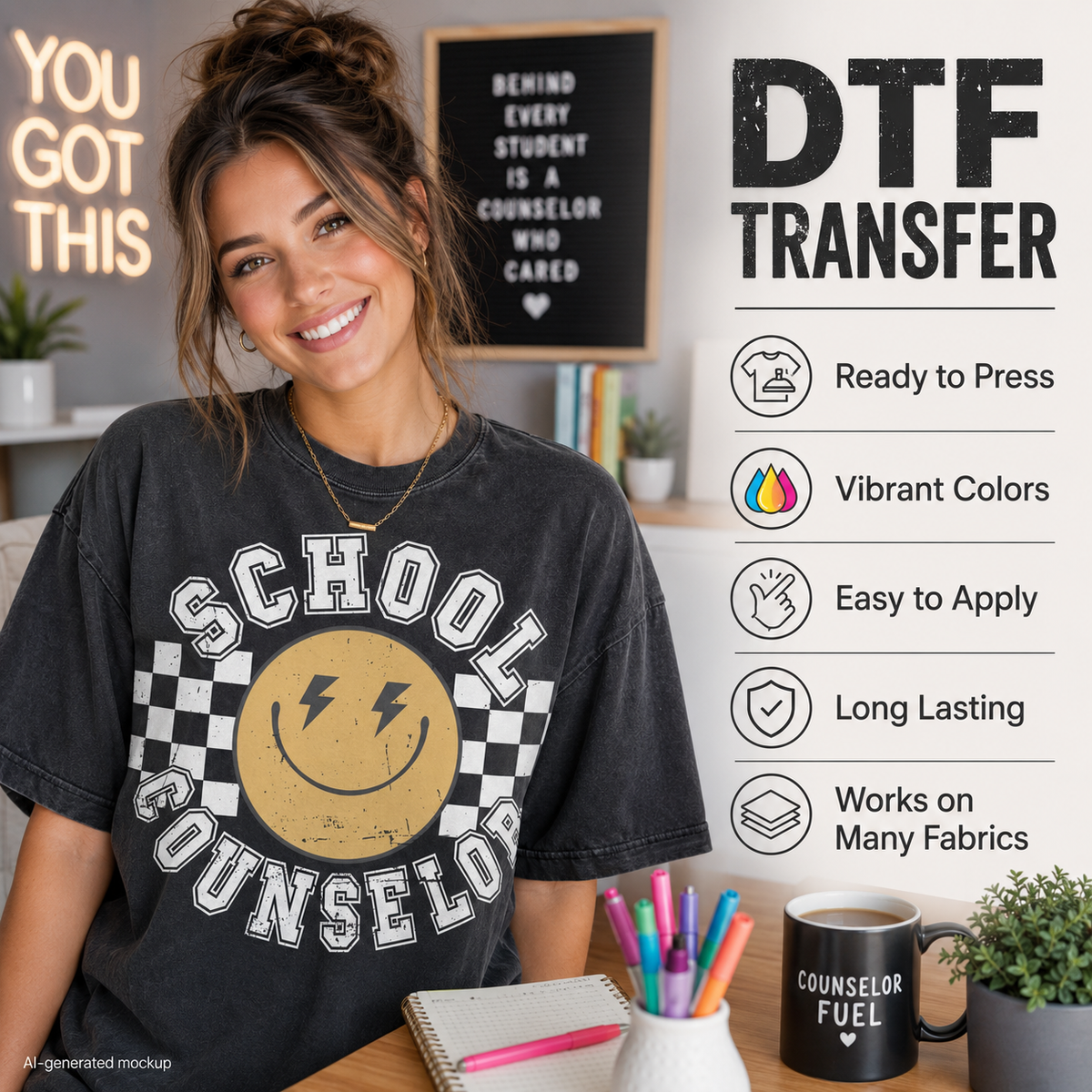 A woman wearing a black graphic t-shirt with a yellow smiley face and the words 'SCHOOL COUNSELOR' on the front, set in a classroom-like environment with promotional text overlays on the right detailing DTF transfer features.