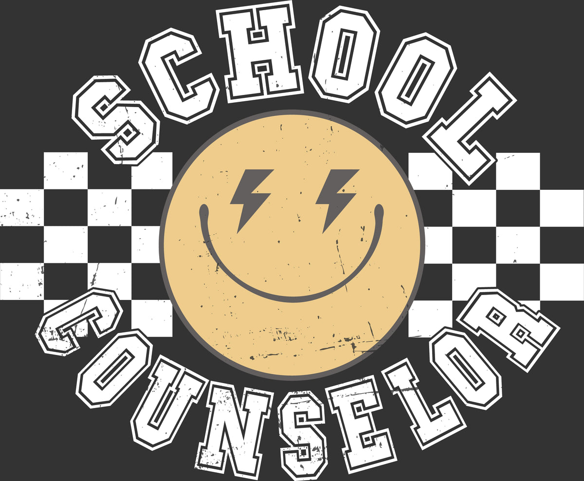 A distressed graphic design featuring the words 'SCHOOL COUNSELOR' in large white varsity-style letters around a central beige smiley face with lightning eyes, set against a dark gray background with a black-and-white checkered stripe design.