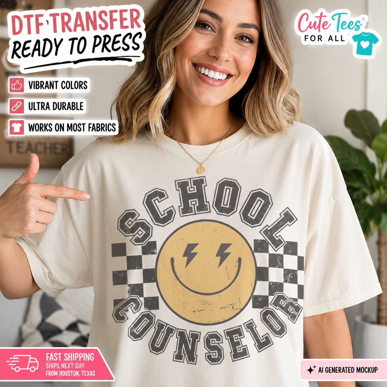 A woman wearing a cream-colored graphic t-shirt with 'SCHOOL COUNSELOR' and a smiley face design, pointing to the graphic. The image includes promotional text overlays for 'DTF-TRANSFER READY TO PRESS' and 'Cute Tees FOR ALL'.