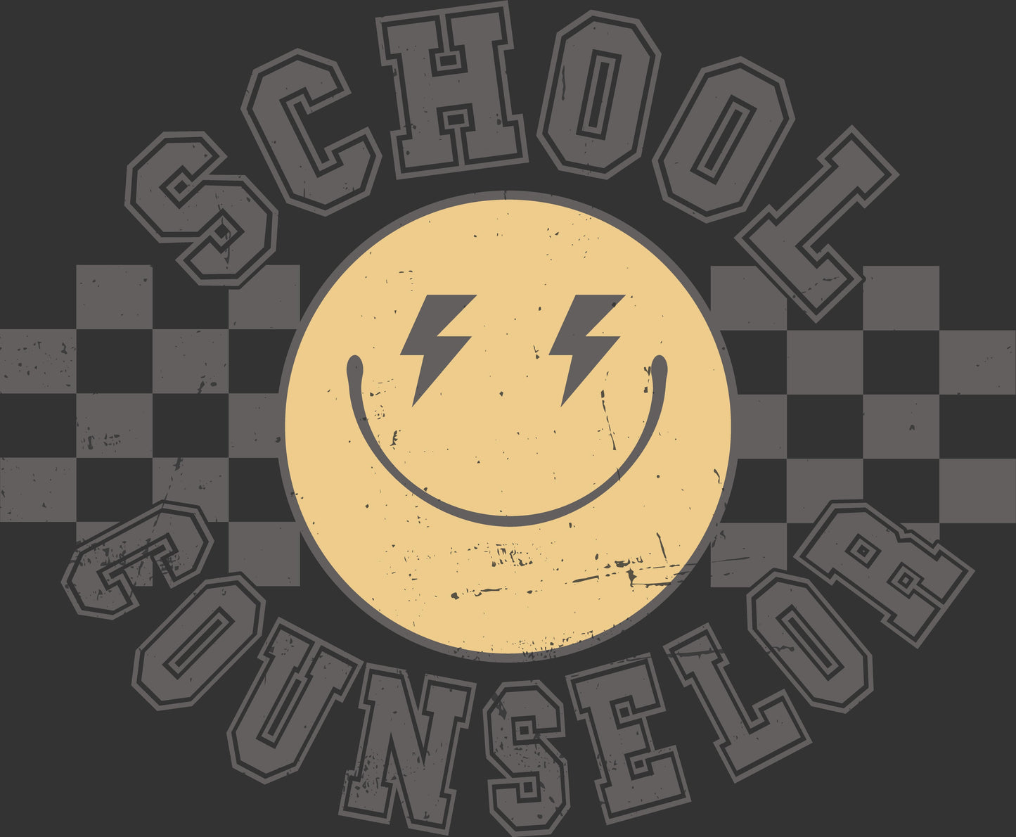 A distressed graphic design featuring a central yellow smiley face with lightning bolt eyes, surrounded by the words 'SCHOOL COUNSELOR' in gray varsity-style lettering over a dark gray checkerboard background.