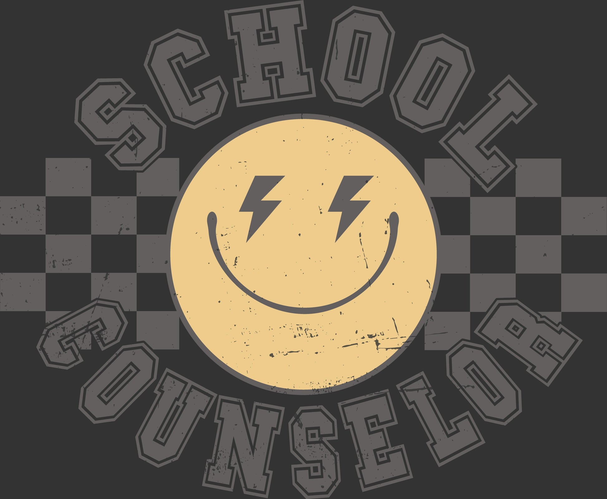 A distressed graphic design featuring a central yellow smiley face with lightning bolt eyes, surrounded by the words 'SCHOOL COUNSELOR' in gray varsity-style lettering over a dark gray checkerboard background.