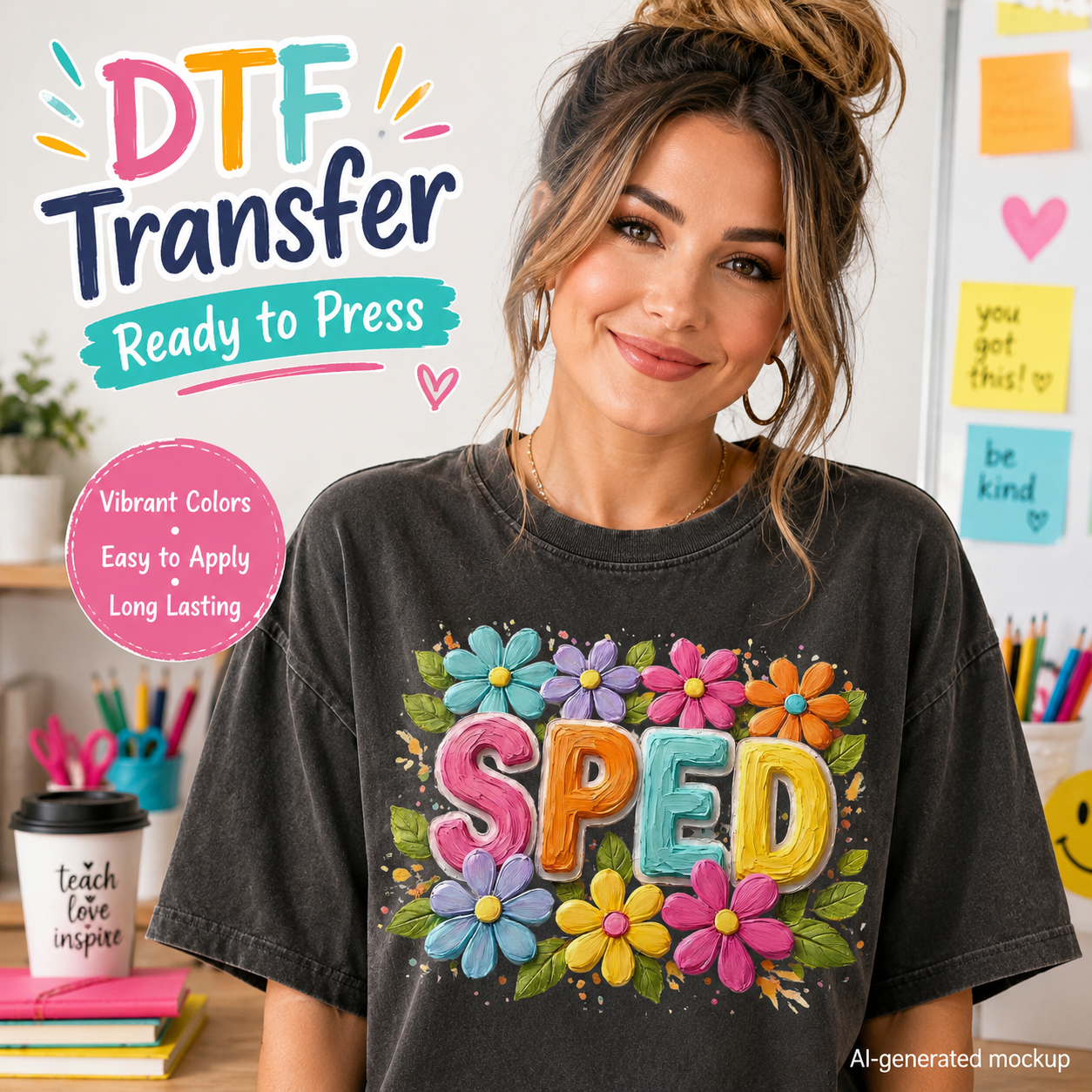 A woman wearing a black graphic T-shirt with a colorful 'SPED' and flower design, in a bright classroom-like setting. Large text on the image reads 'DTF Transfer Ready to Press' with feature callouts.