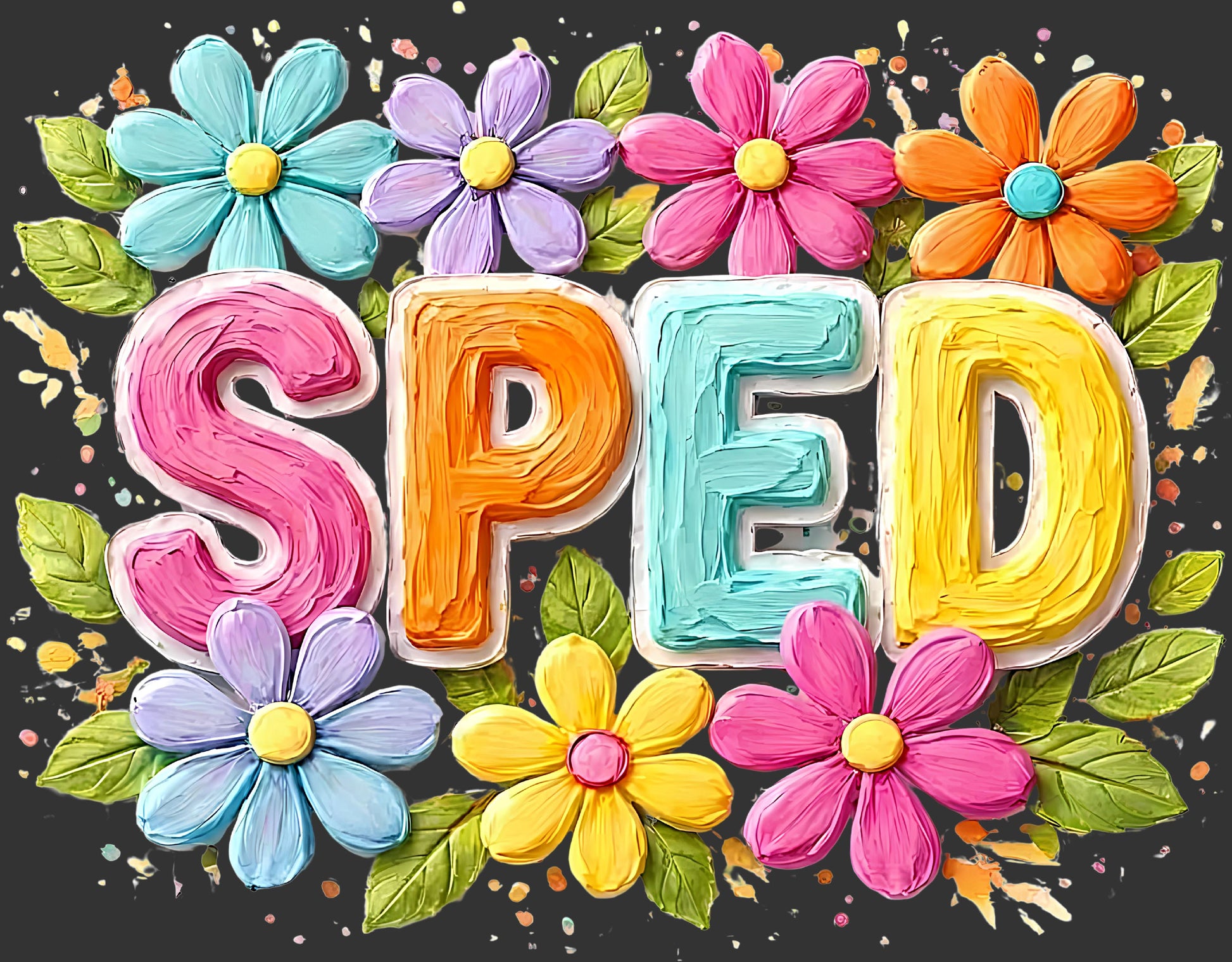 Colorful 3D-style letters spelling 'SPED' surrounded by bright flowers and green leaves on a dark background.