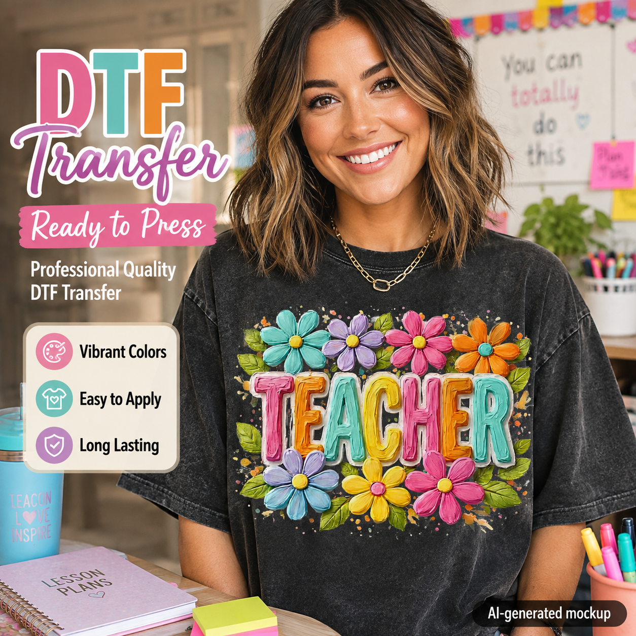 A smiling woman wearing a black acid-wash t-shirt with a colorful 'TEACHER' graphic surrounded by flowers, set in a classroom environment with promotional text overlays.