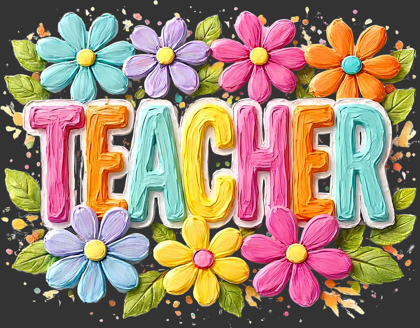 A colorful 3D-style word art graphic spelling 'TEACHER' in large letters, surrounded by bright flowers and green leaves on a dark background.
