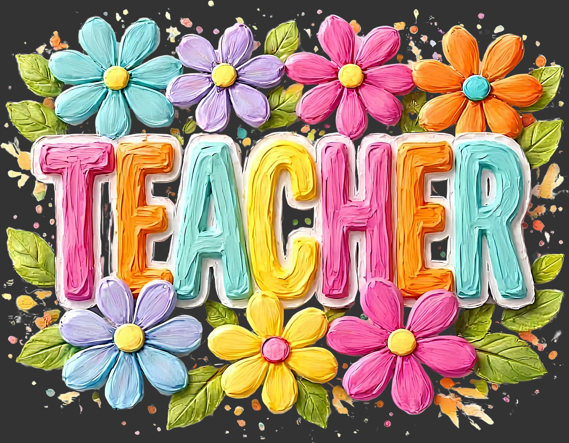 A colorful 3D-style word art graphic spelling 'TEACHER' in large letters, surrounded by bright flowers and green leaves on a dark background.