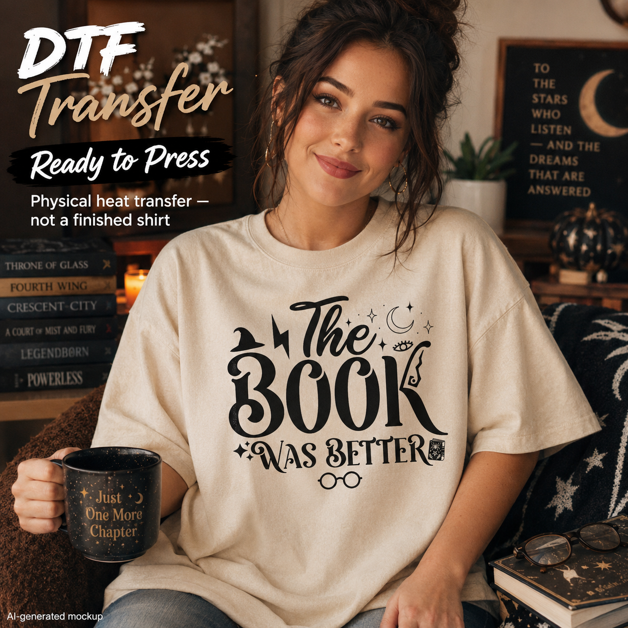 A woman seated indoors wearing a cream T-shirt with large black decorative text reading 'The Book Was Better.' She holds a black mug, and the scene includes promotional text in the upper left and room decor in the background.