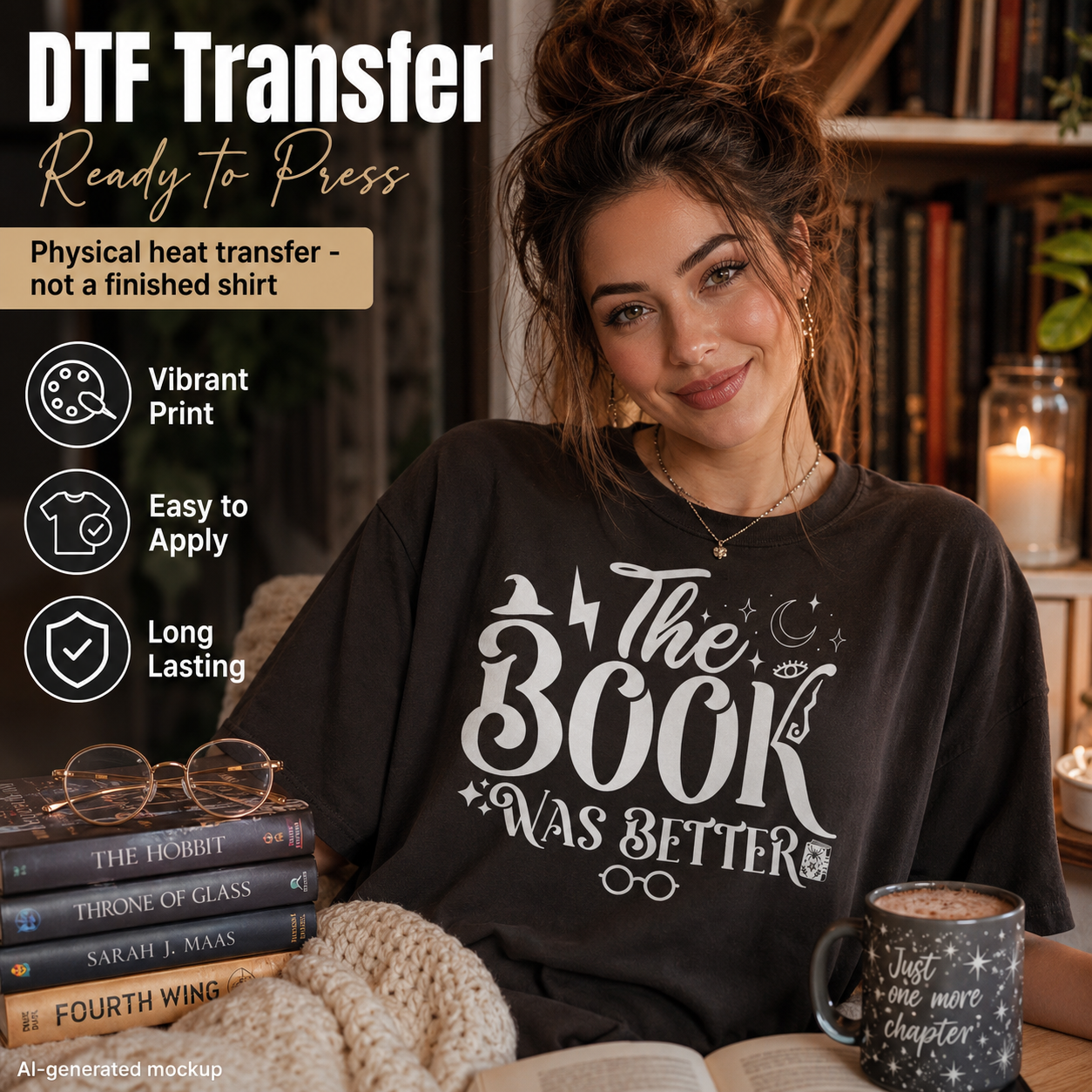 Book lover wearing The Book Was Better DTF transfer on dark T-shirt in cozy library setting