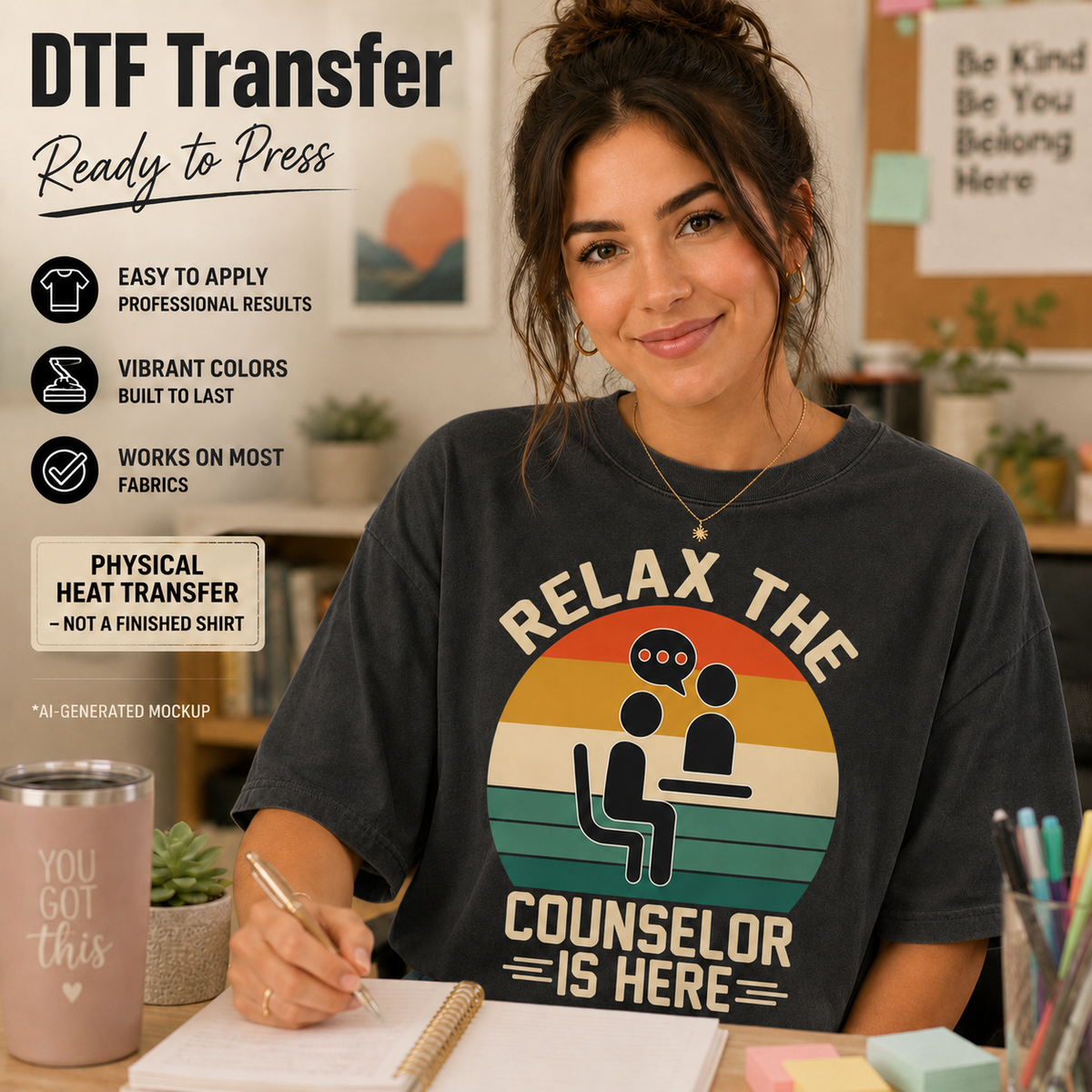 A woman wearing a charcoal gray t-shirt with a retro-style graphic that reads 'RELAX THE COUNSELOR IS HERE' in a yellow, orange, and beige sunset design. The image is a promotional mockup for a DTF (Direct to Film) transfer, featuring text callouts on the left and a desk setting in the background.